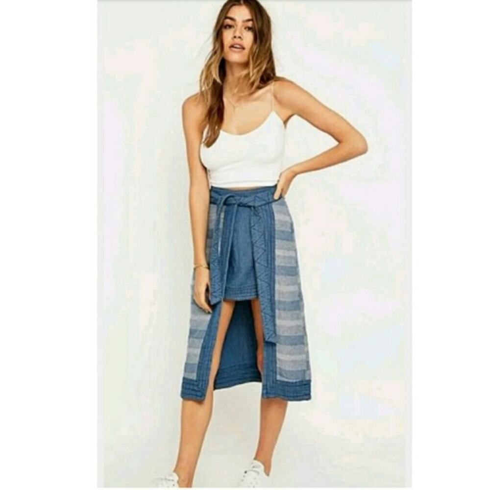 Free People Double The Fun Chambray Wrap Skirt 4 S